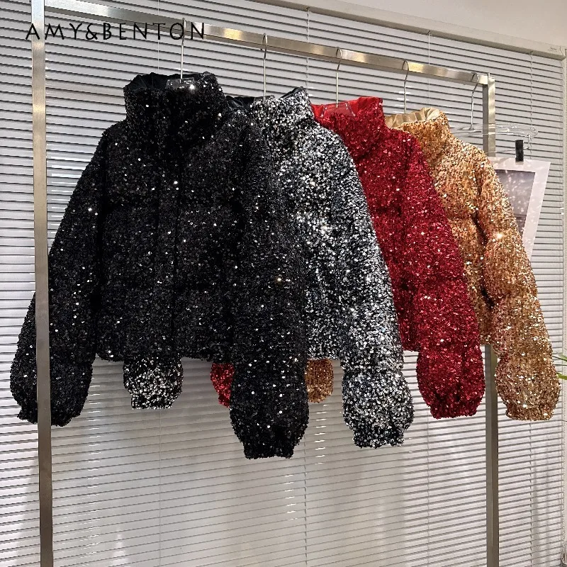 

Heavy Industry 2025 Winter Colorful Sequin Fabric Stand Collar Warm Puffer Jacket Down Coat Long-sleeved Zipper Overcoats Ladies