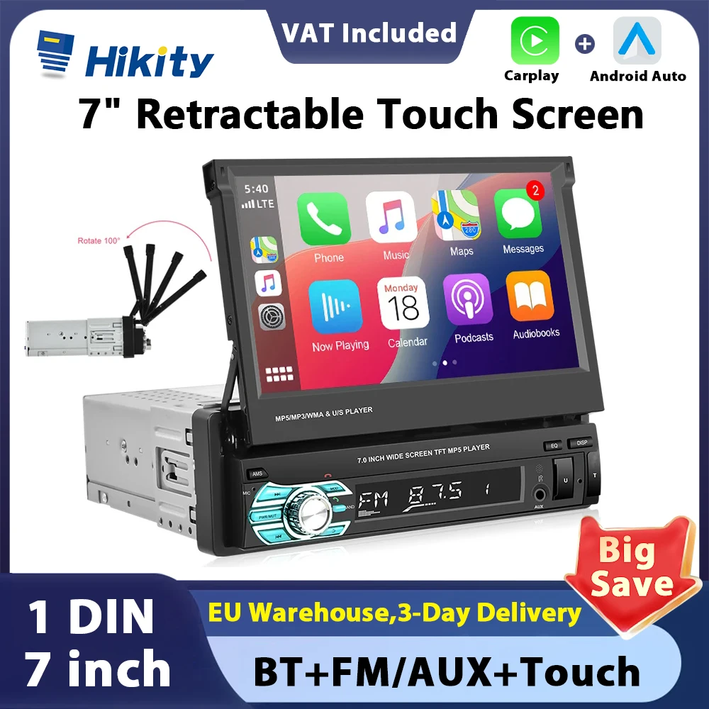 Hikity 1din carplay Car Radio MP5 Player HD Retractable Touch Screen with Bluetooth FM Radio Receiver TF/USB Mirror link