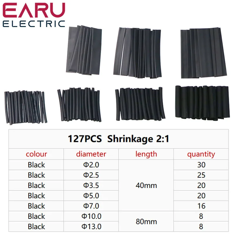 127Pcs Heat Shrink Tube Sleeving Tubing Assortment Kit Electrical Connection Electrical Wire Wrap Cable Waterproof Shrinkage 2:1