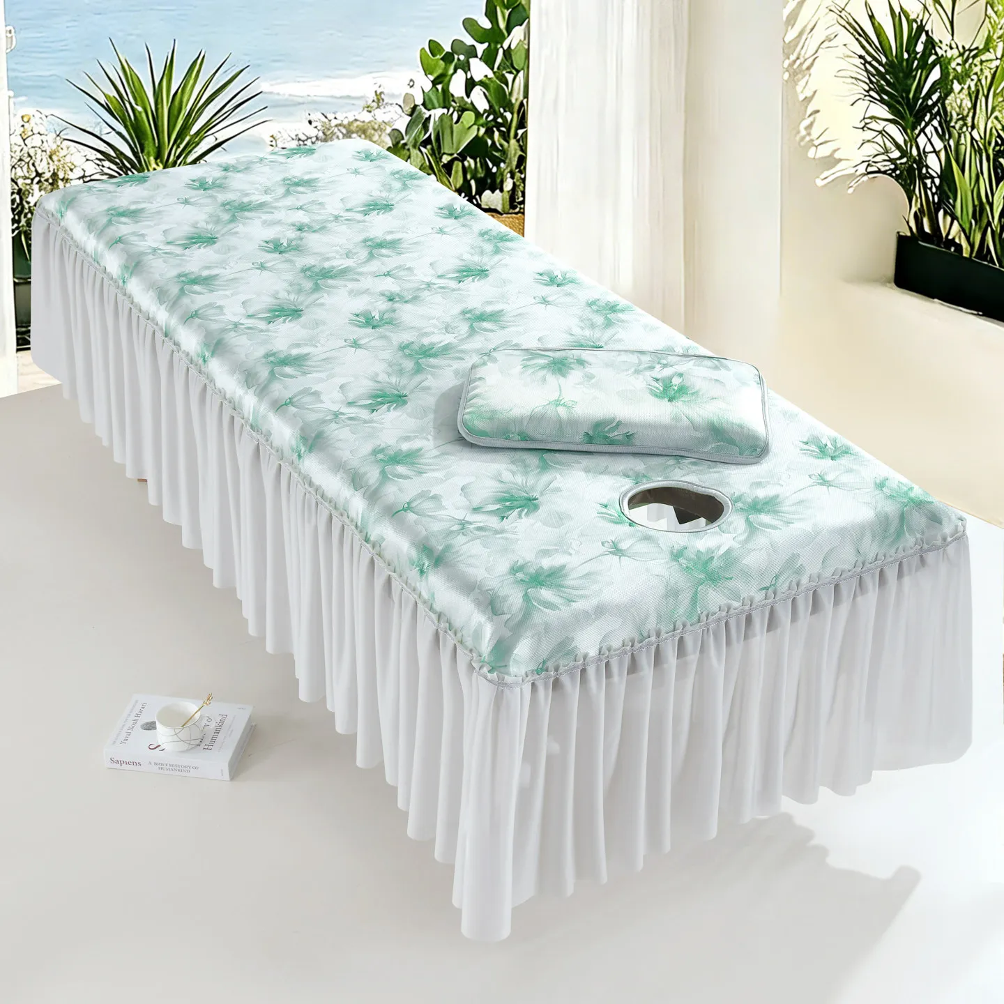 Beauty Bed Cooling Mat Ice Silk Mat with Hole Anti-Slip Summer Massage Beauty Salon Specialized Mat Bedskirt, with Pillowcase