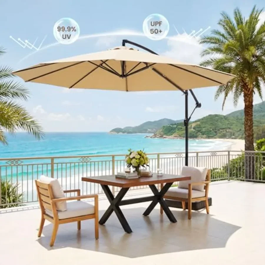 Patio umbrella for outdoor use, aluminum frame with beige fabric, 360 rotation cantilever design for flexible shade adjustment