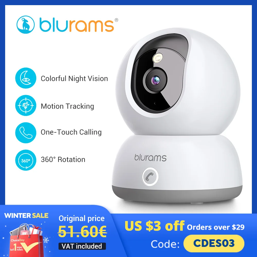 Blurams 2K Indoor Camera for Home Security, 360° Pet Dog Camera with Phone App, 2-Way Talk, One-Touch Call, Night Vision, 2.4GHz