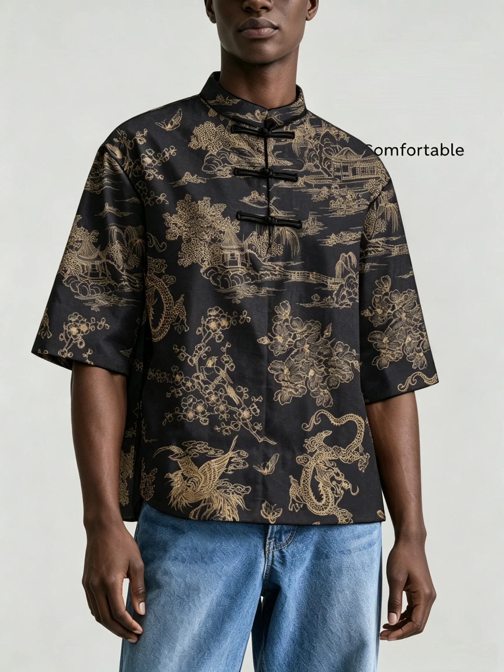Men Chinese Style Frog Button Stand Collar Shirt Loose Short Sleeve Landscape Dragon Phoenix Print Casual Summer Blouse