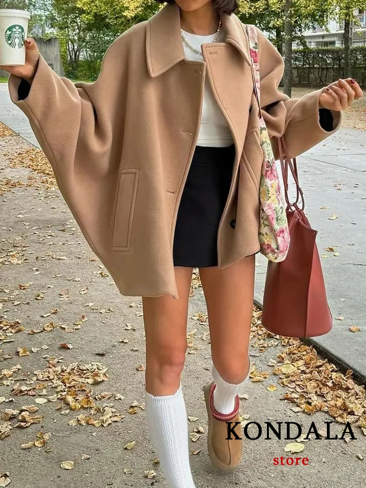 KONDALA Casual Women Jackets Solid Camel Pockets Long Sleeve Loose Coats Fashion 2023 Autumn Winter Oversized Jackets Outwears