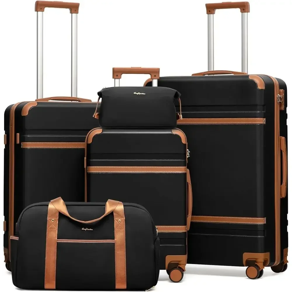 5-Piece Hardshell Luggage Set with Spinner Wheels, PC+ABS Material, TSA Lock (Black/Brown)