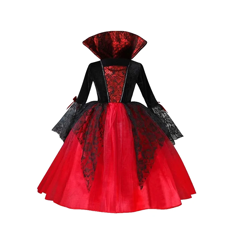 Teufel-Kostüm für Mädchen, langes Spitzenkleid, Federflügel, Horn-Stirnband, Dreizack-Zauberstab für Halloween-Cosplay-Bühnenauftritte – Detail 7