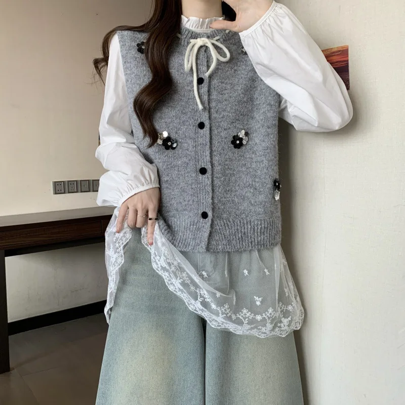 

Женский вязаный топ ранней осени с многослойным дизайном на шнуровке и жилетом с вышитым бантом, модная повседневная женская одежда