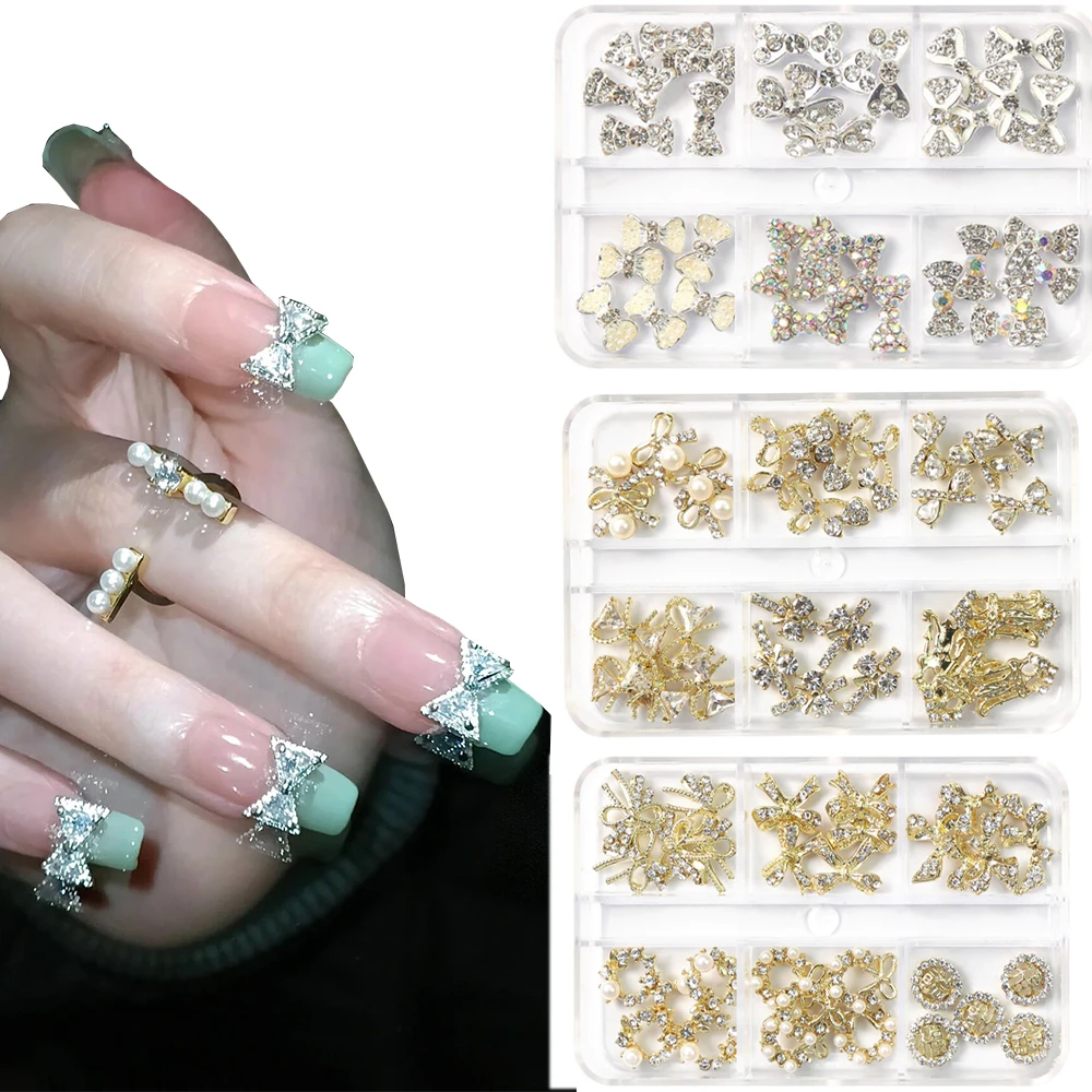 

3D Bow Glitter Nail Art Rhinestones Jewelry 6Grids-1Box Crystal Glass Bowknots Nail art Stone Parts (10-15mm) Nail Art Charms-1*
