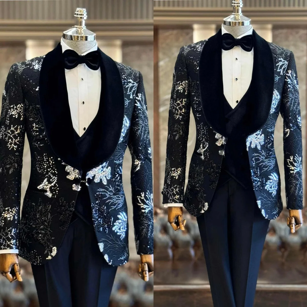 

Luxury Sequins 2 Pieces Men Suits One Button Shawl Lapel Groom Wedding Tuxedos Beaded Customized Jacket