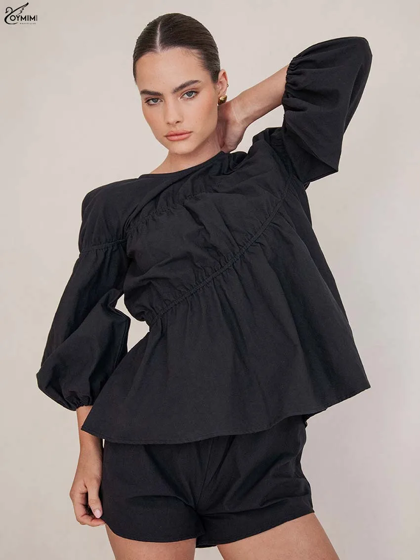 

Oymimi Casual Black Cotton Two Piece Set Woman Fashion O-Neck Three Quarter Sleeve Blouses And High Waist Shorts Female Sets