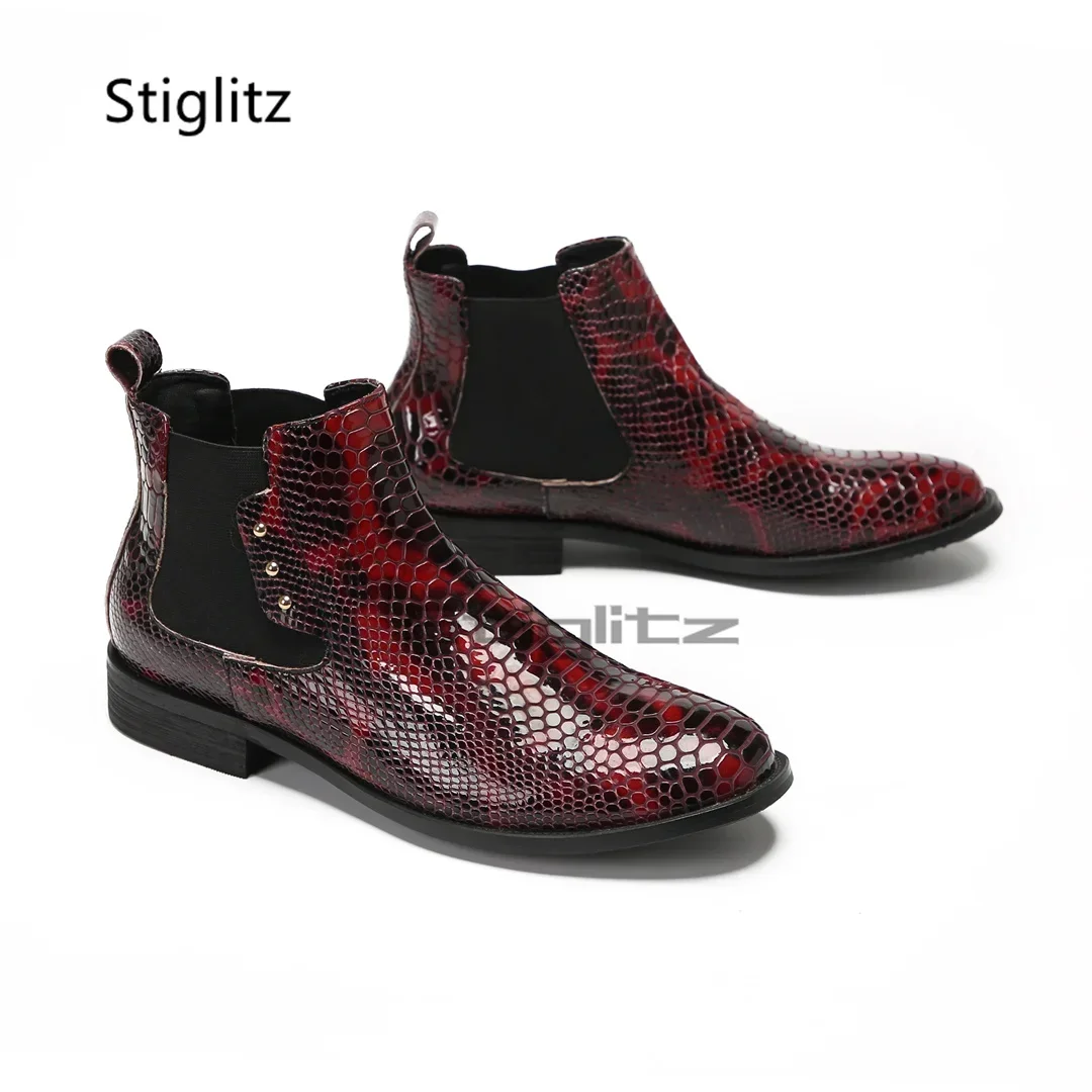 Men's Genuine Leather Ankle Boots Wine Red Alligator Stretch Boots Round Toe Low Heel Party Business Wedding Shoes for Men