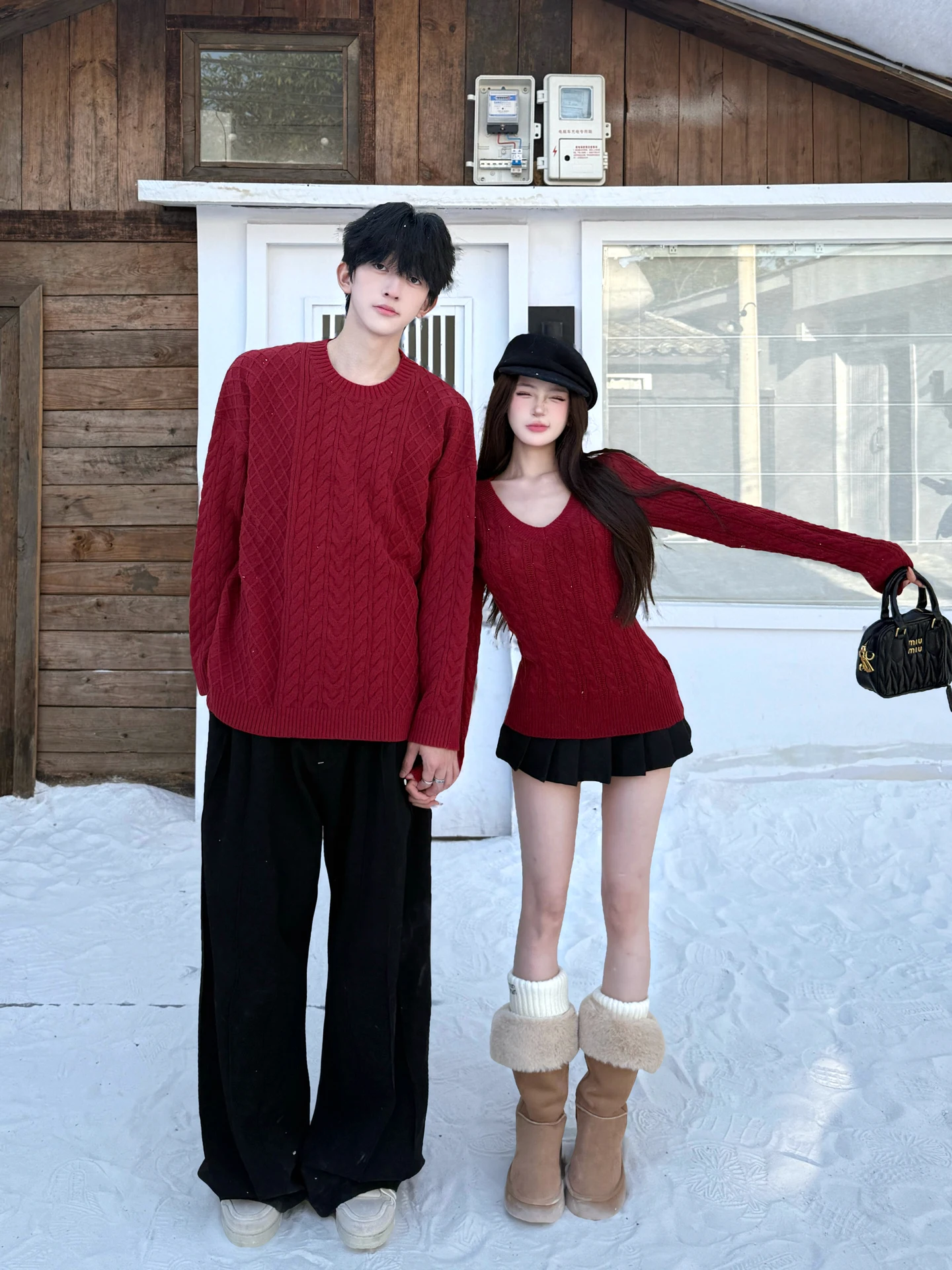 Red Knitted Sweater Couple Matching Autumn Winter Slim Fit V-Neck Street Style Dance Christmas Daily Wear Commute Warmth