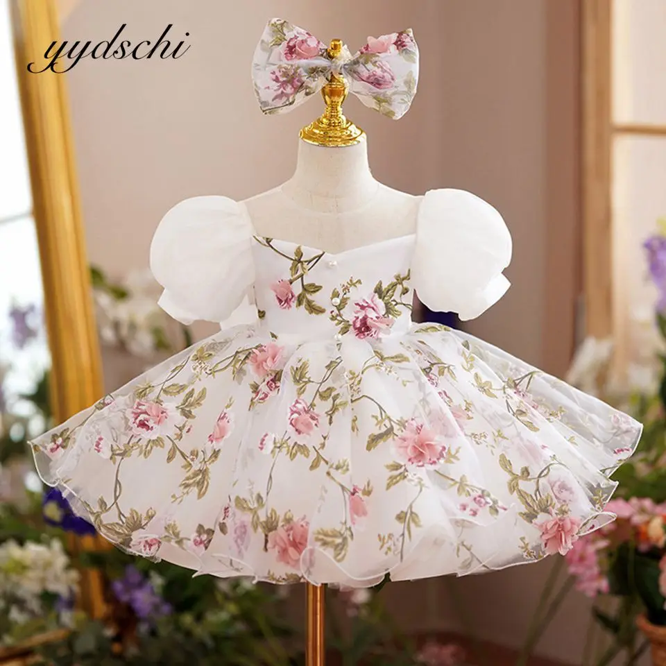 

2024 Flower Girl Dresses Children Birthday Party Puff Sleeves Dresses For Kids Tulle Gowns Sweet Bow Pearls Vestidos De Novia