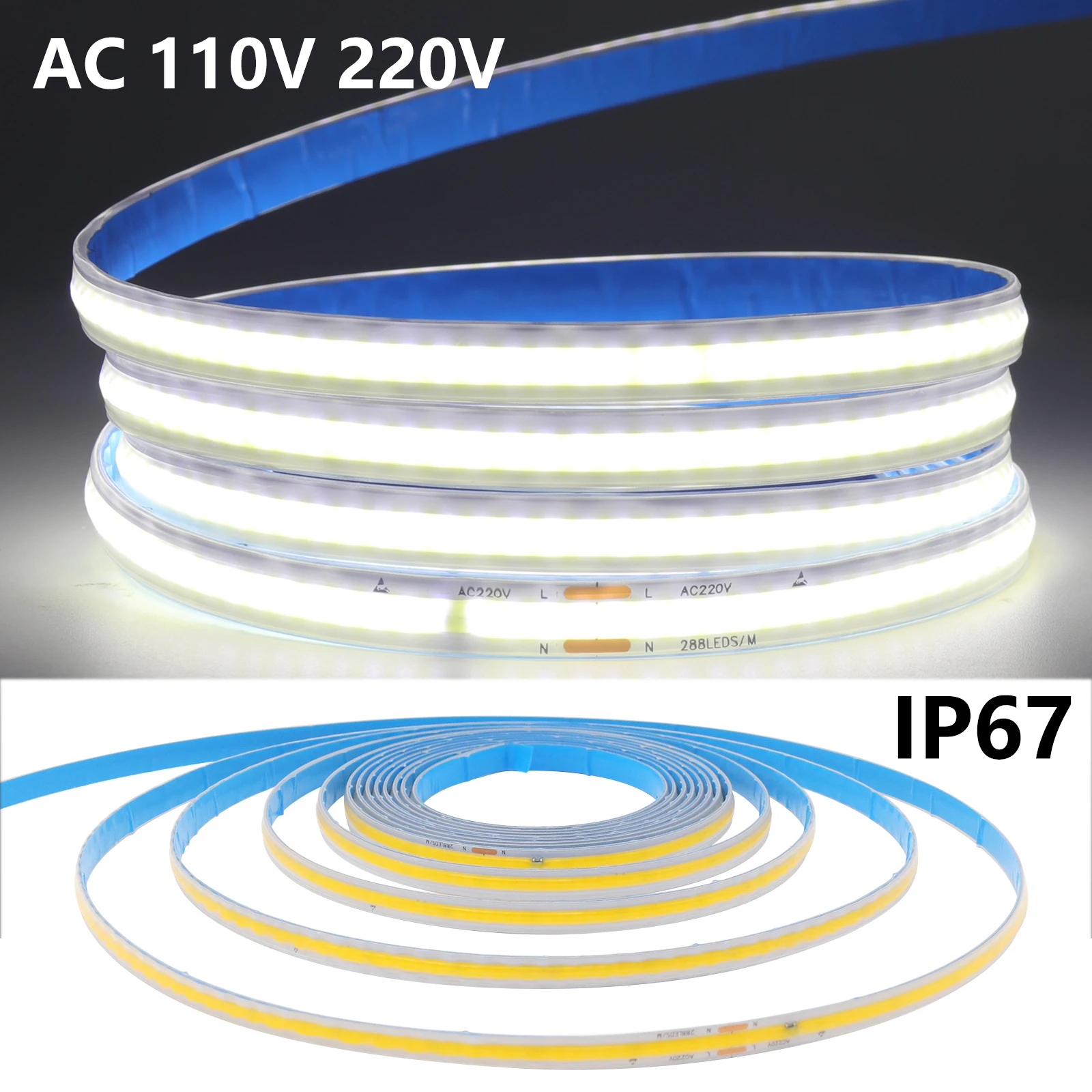 110V 220V COB LED Strip Smart IC No Need Driver High Bright 288LEDs/m Waterproof Flexible Adhesive Tape For Room Decor 0.5m-35m