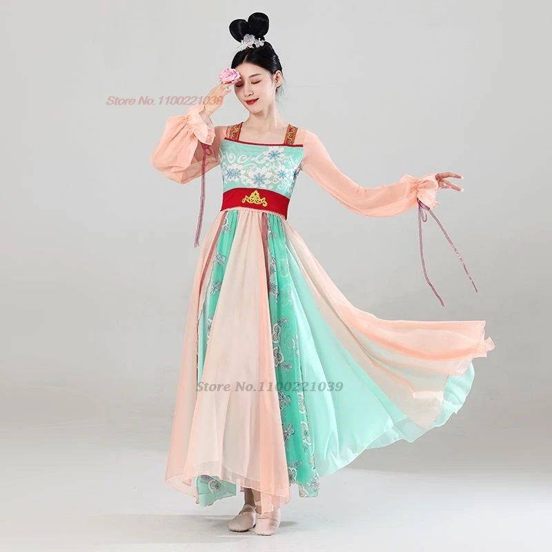 فستان رقص صيني عتيق لعام 2025 ملابس وطنية مطبوعة بالزهور من الشيفون hanfu + تنورة مهرجان فستان شعبي أداء المسرح