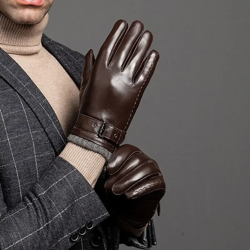 2024Men's Autumn and Winter Fashion Brand 100% Genuine Leather Gloves Season Warm Driving Business Top Sheepskin Handsome Gloves