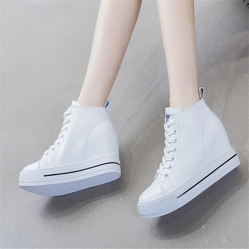 Platform White Wedge Sneakers Hidden Heel High Top Genuine Leather Women Casual Shoes Sneakers Fashion Casual Vulcanized Boots