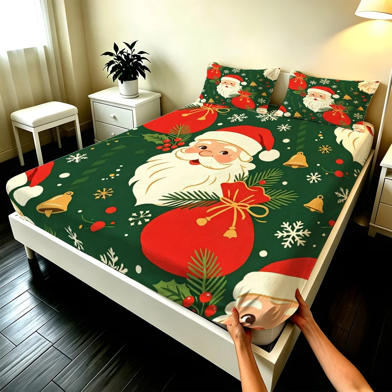 3Pcs Microfiber Christmas Fitted Sheet Set,Deep Pocket,Durable,Santa Claus Snowflakes Bell Print,Ideal Xmas Gift for Friends