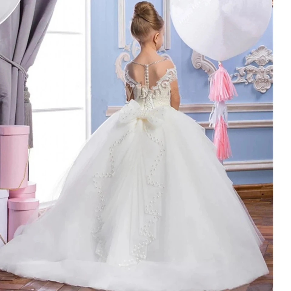 White Luxury Flower Girl Dresses Tulle Appliques Beading Short Sleeve For Wedding Birthday Party First Communion Gowns Dresses