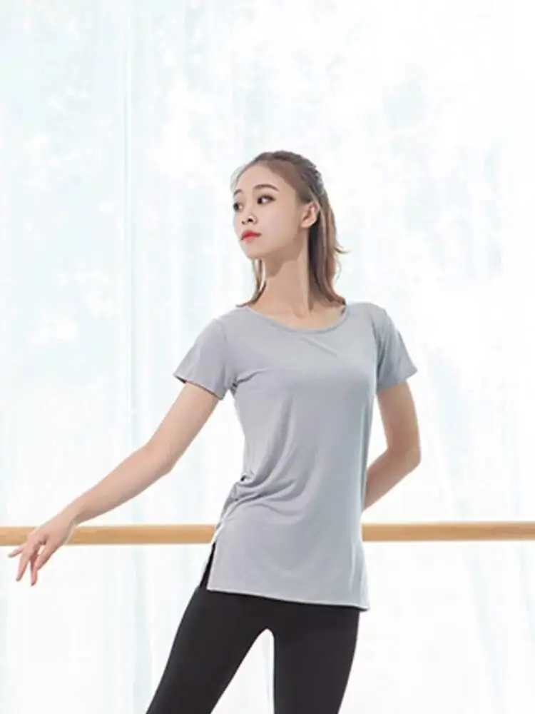 Slim-Fit-Hemd für klassischen Tanz für Damen, einfarbig, Rundhalsausschnitt, lange Ärmel, geteiltes Design, Oberteil für Performance-Übungen und Probe