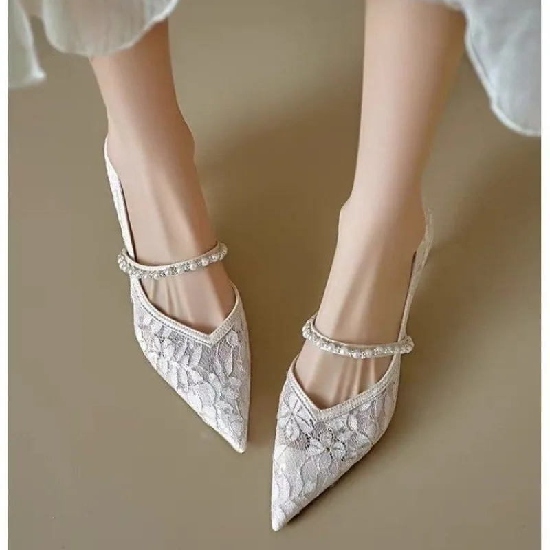 Sexy Lace Embroidery High Heels Women Rhinestone Chain Mesh Pointed Toe Dress Shoes Ladies Elegant Fashion Footwear Women Pumps