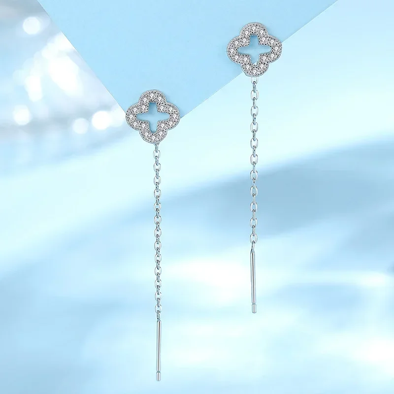 Four-leaf Clover Tassel Stud Female Sterling Silver  Color Retro Niche Ins Design All-match Personality Earrings Display