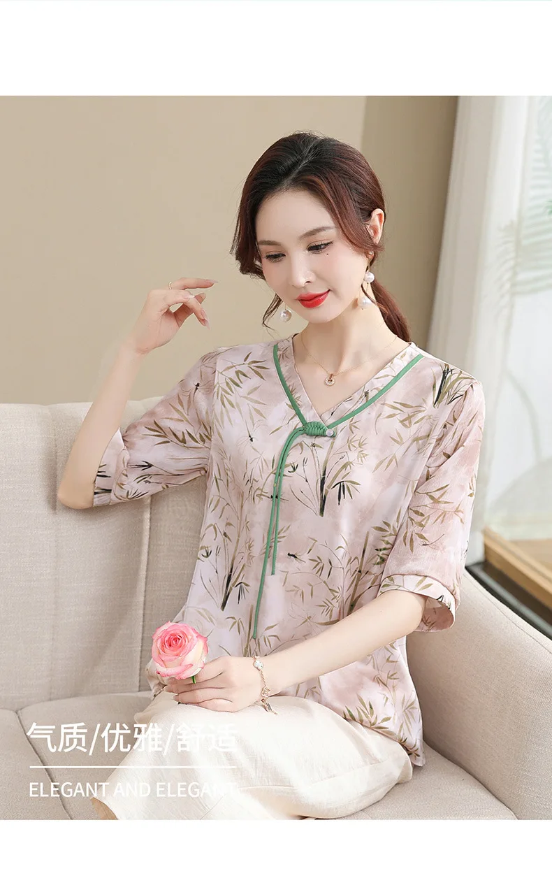 women fashion v neck Chinese National style Mid sleeved T-shirt printed 2024 T-shirt short sleeved shirt