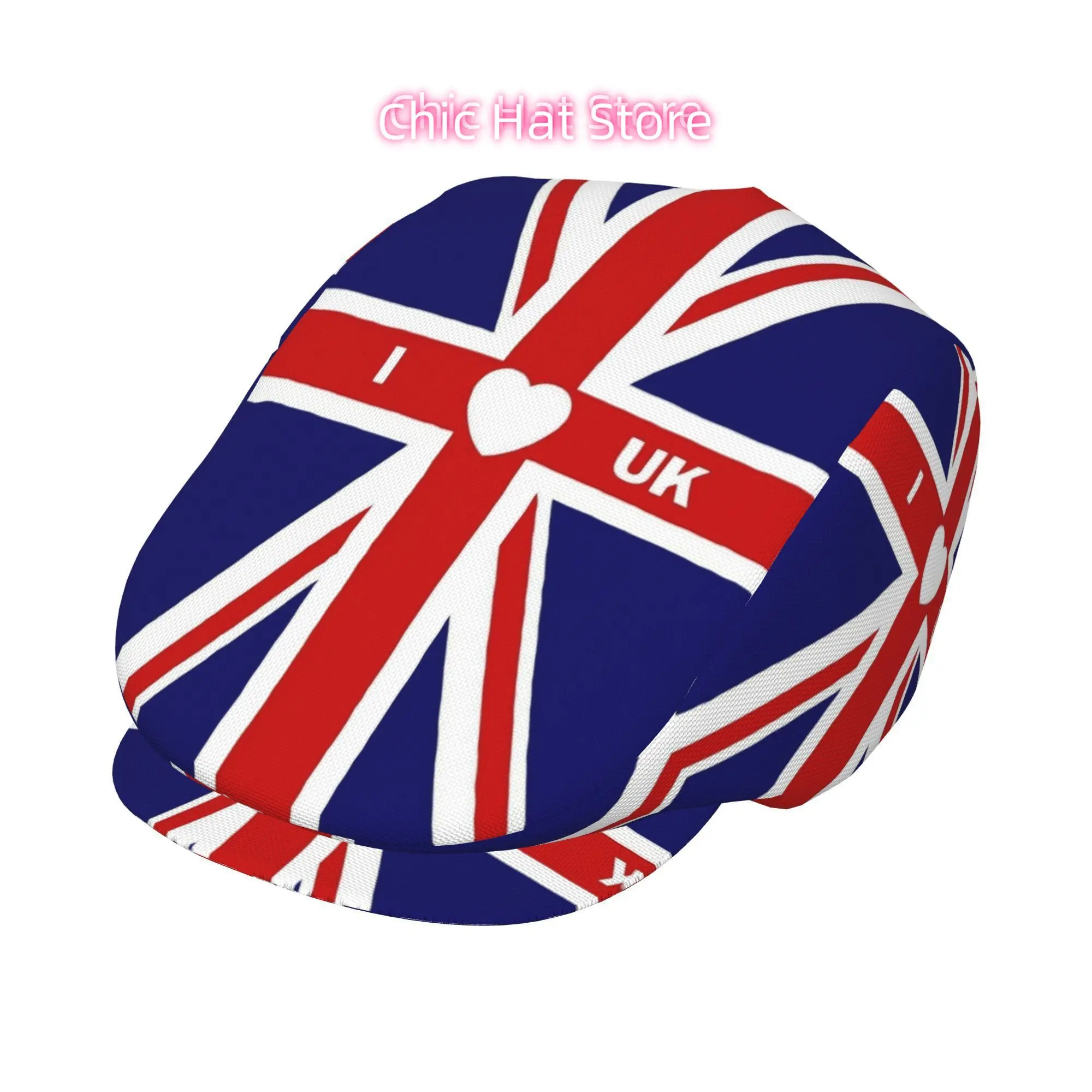 1pc I Love UK Union Jack All-over Print Flat-top Hats for Men and Women, Newsboy Caps, Berets, Irish Hats, Driver Caps,  Hats, P