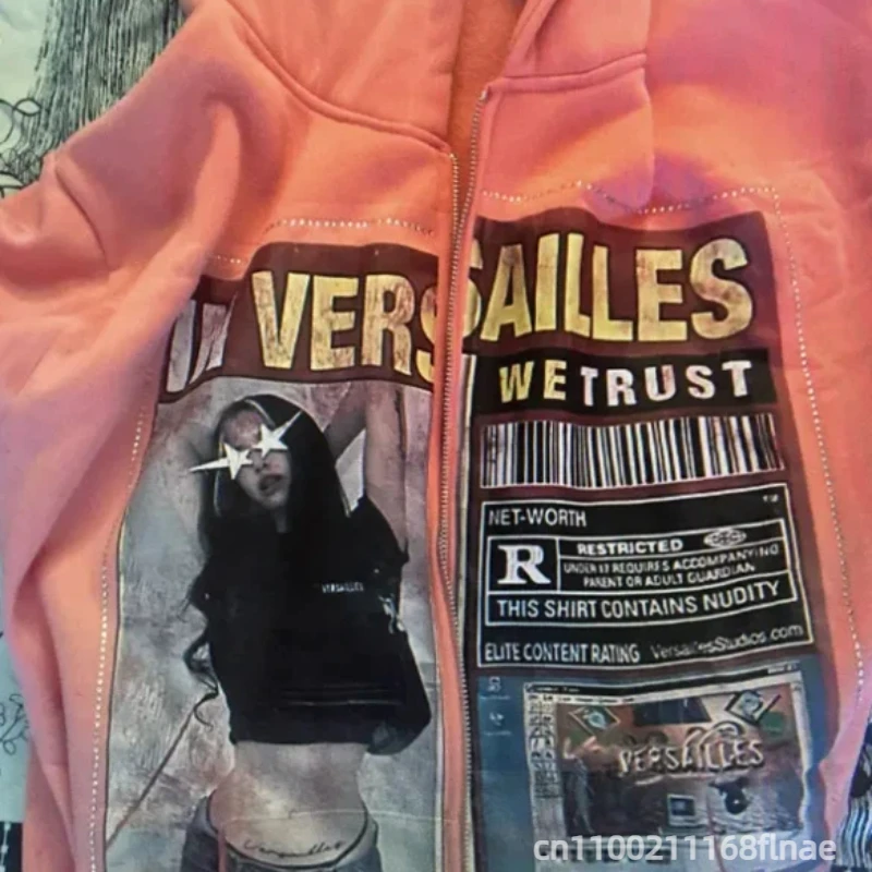 Amerikaans vest-sweatshirt, zwarte hoodie met rits, veelzijdig casual jack met rits, roze en zwart hiphop-topjack