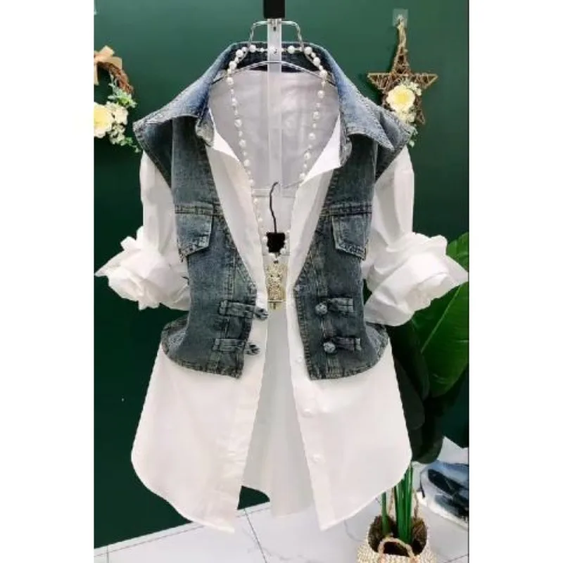

New Denim Vest Splicing Shirt Women's Fashion Polo Collar Button-down Shirt Spring European Fake Two Fashion Trends Shirts