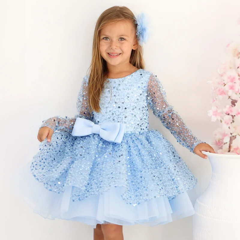 Blue Flower Girl Dresses Tulle Sequin With Bow Long Sleeve For Wedding Birthday Party Banquet Princess Gowns