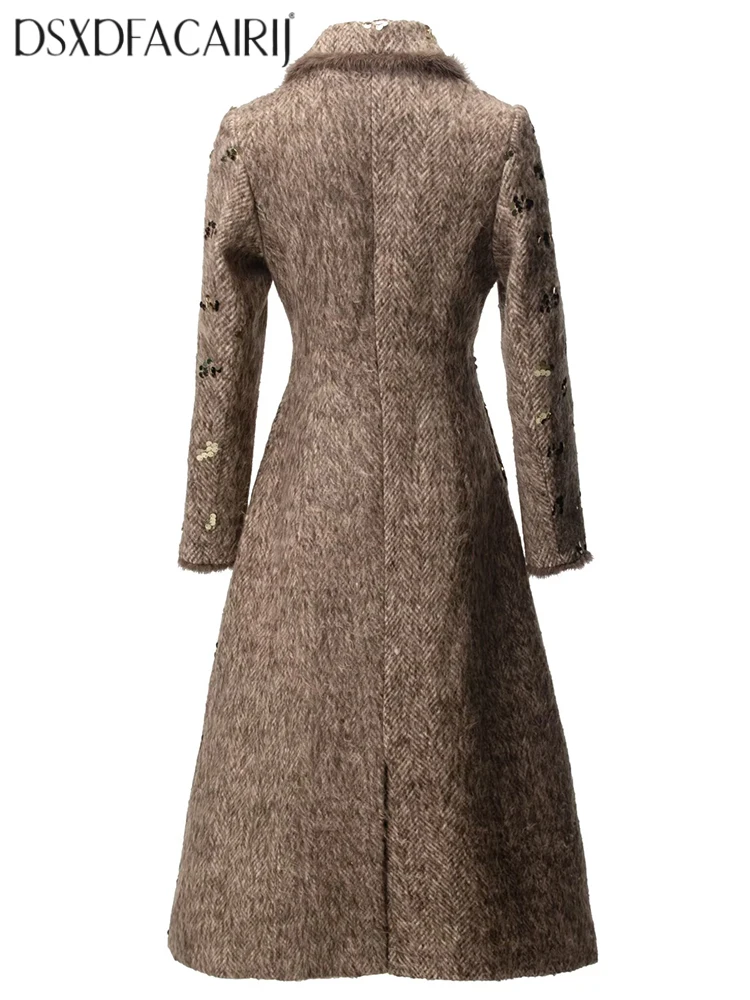 DSXDFACAIRIJ Women's Sequins Double Breasted Coat with Feathers Turn-Down Collar Long Sleeve High Street Outerwear for Autumn