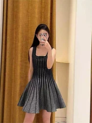 Stylish vertical striped sleeveless halter dress black knitted tinsel striped stretchy Slim A-line women's dresses 2024 new