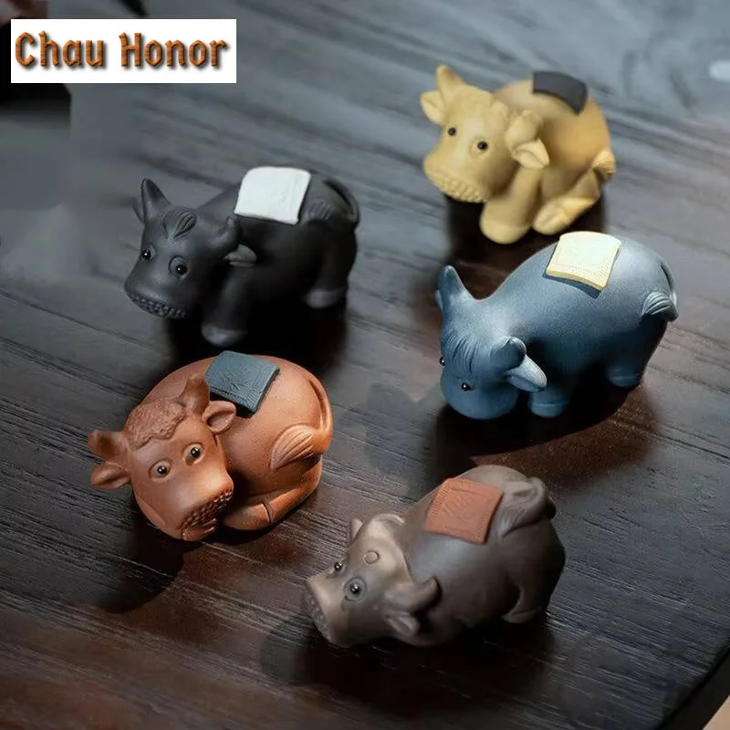 Yixing Purple Clay Tea Pet Chinese Five Blessed Ox Statue Ornaments Handmade Sculpture Figurine Crafts Zisha Tea Set Decoration