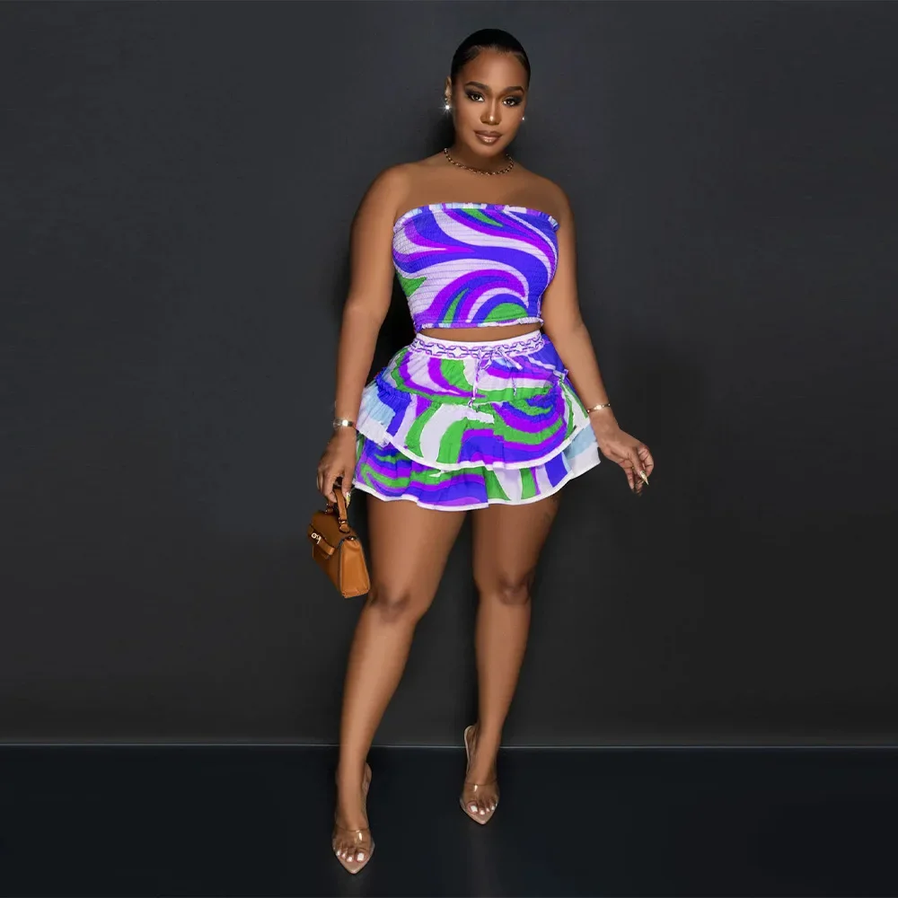 Tie Dye Women Set Bowknot Back Strapless Crop Top and Cascading Ruffles Mini Skirt 2024 Chic Two 2 Piece Set Outfits