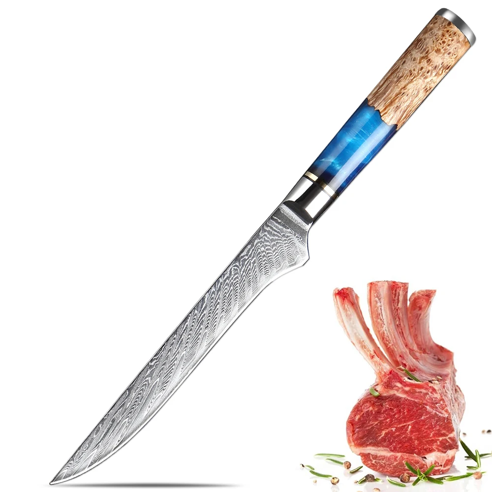 

Damascus 6 Inch Boning Knife Sharp Fillet Knives for Meat Fish Cutting, Trimming Knife Japan 67 Damascus Steel Blue Resin Handle