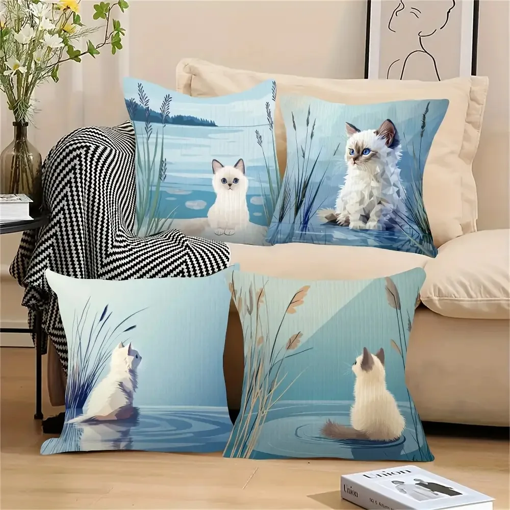 4pcs Cat Lake View Design digital printing pillow cover Short plush Suitable living rooms bedrooms sofas throw cushion cover