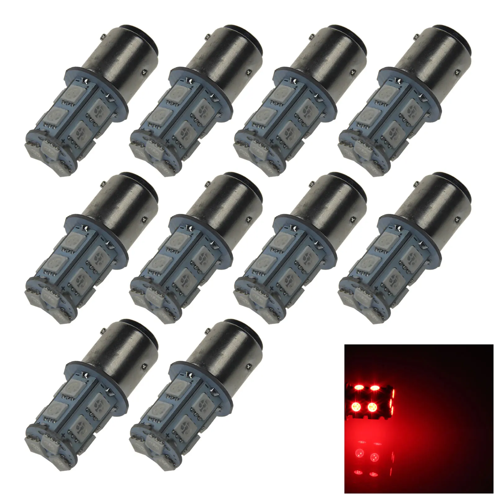 10x Red RV BAW15D Brake Blub Parking Lamp 13 Emitters 5050 SMD LED PR21/5w 12495 Z20458