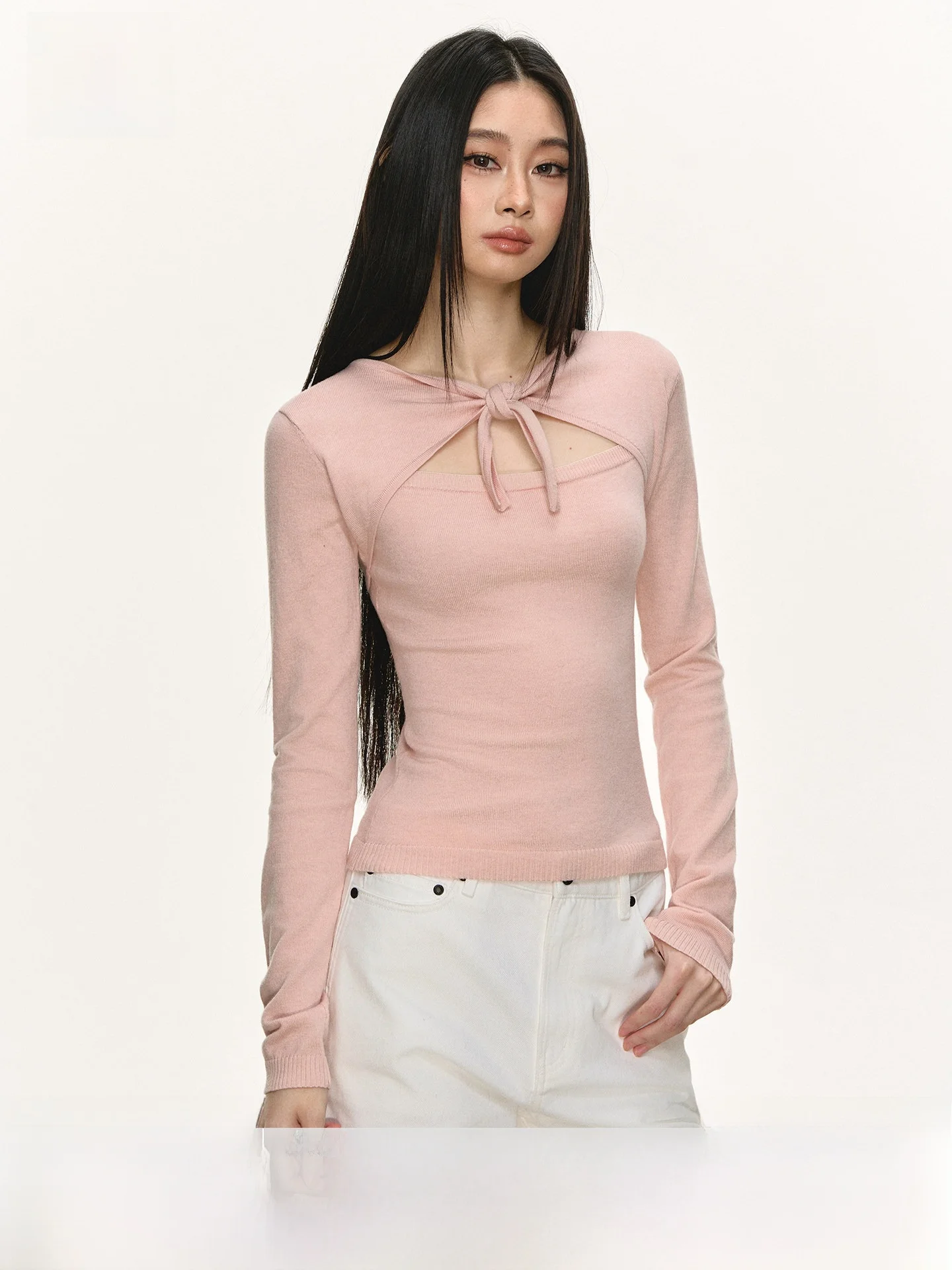 

Женский вязаный топ Anna Aneae с вырезами, длинными рукавами и узлом, розовый, весна-осень, модный, повседневный, приталенный, с круглым вырезом