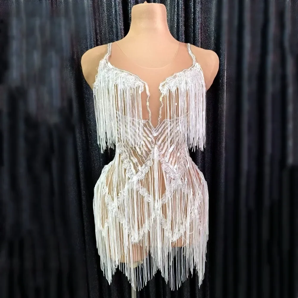 

New Summer White Color Women Fashion's Sexy Gallus Sleeveless Mini Dress Sparkling Squins Tassel Celebrate Evening Party Dress