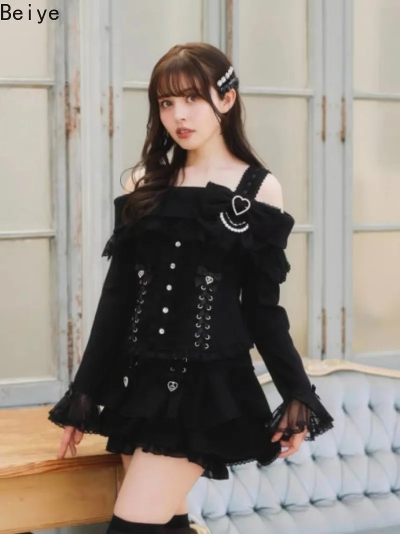 Sweet Lolita Off Shoulder Sweater Women Ruffle Lace Long Sleeve Knit Pullovers with Bow Lady Kawaii Harajuku Japanese Sweater