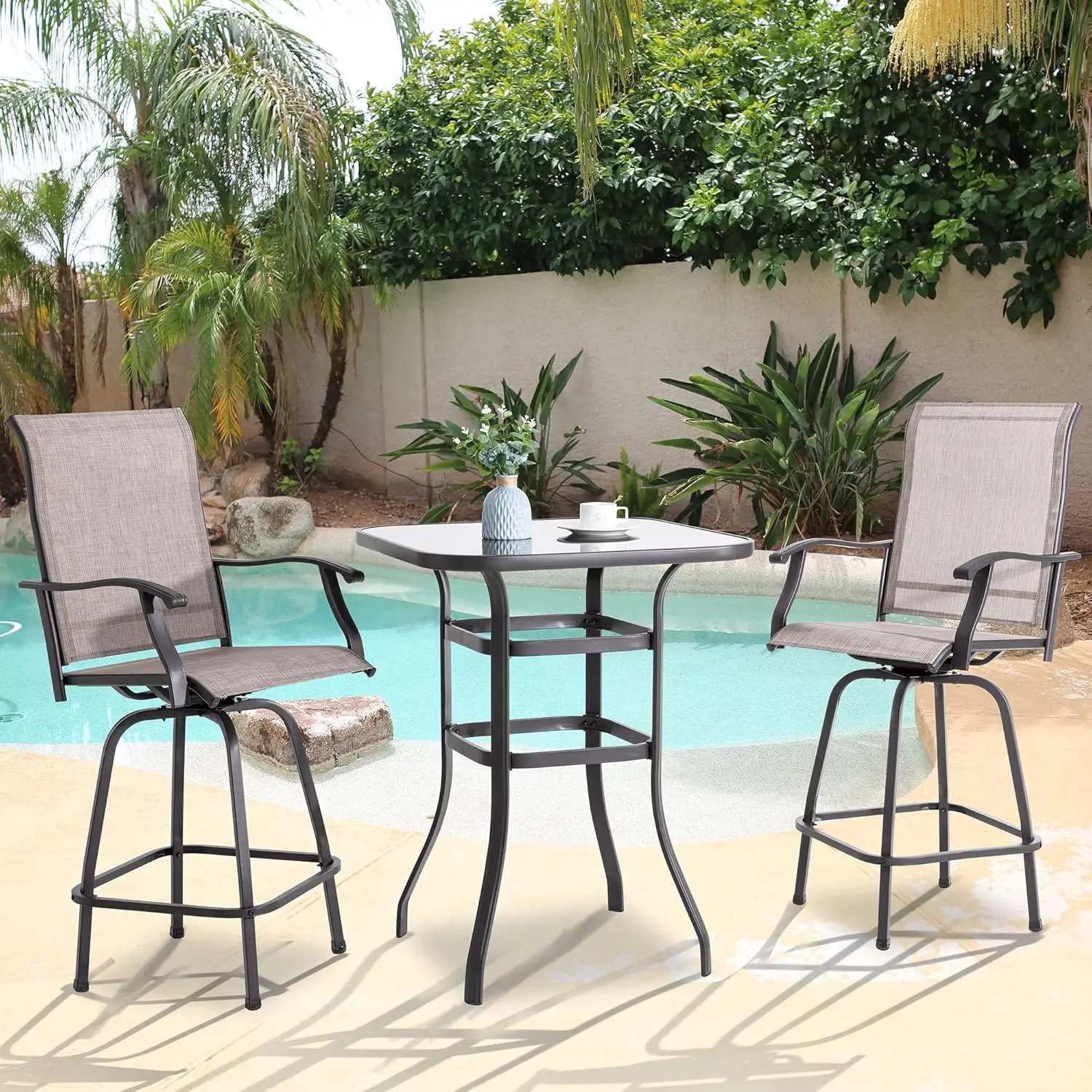 3 Piece Patio Swivel Bar Set All Weather Mental Textilene High Swivel Stools Chair Set of 2 and High Glass Bar Table Outdoor