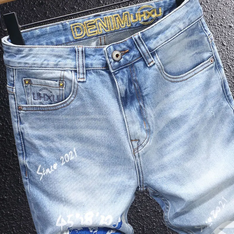 Street Fashion Designer Men Jeans High Quality Retro Light Blue Stretch Slim Fit Printed Ripped Jeans Men Vintage Denim Pants