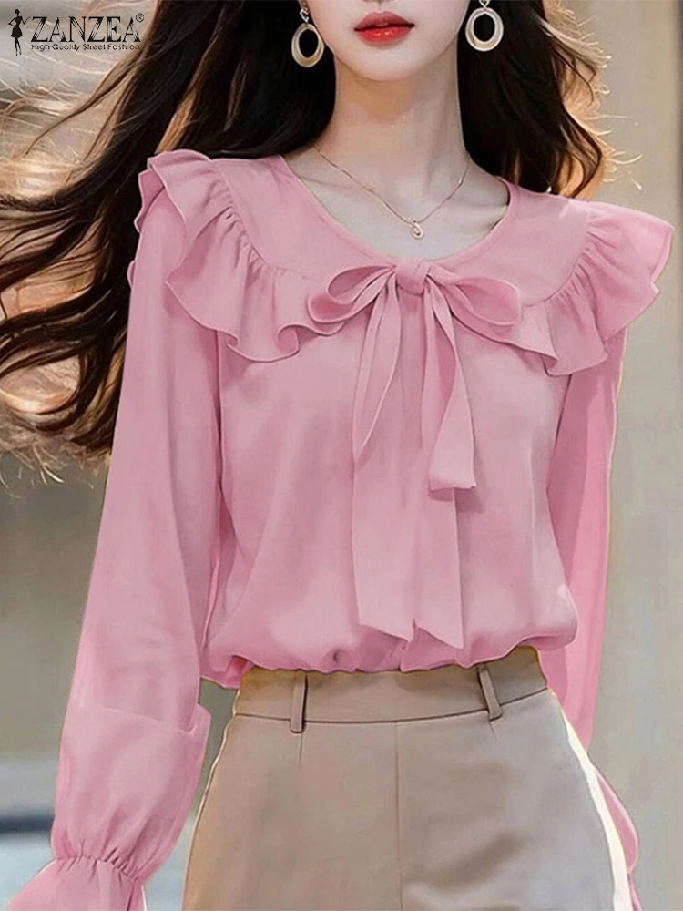 ZANZEA Office Work Blouses 2024 Spring Women Elegant Long Sleeve Shirt Fashion Lace Up Holiday Tops Casual O Neck Loose Blusas
