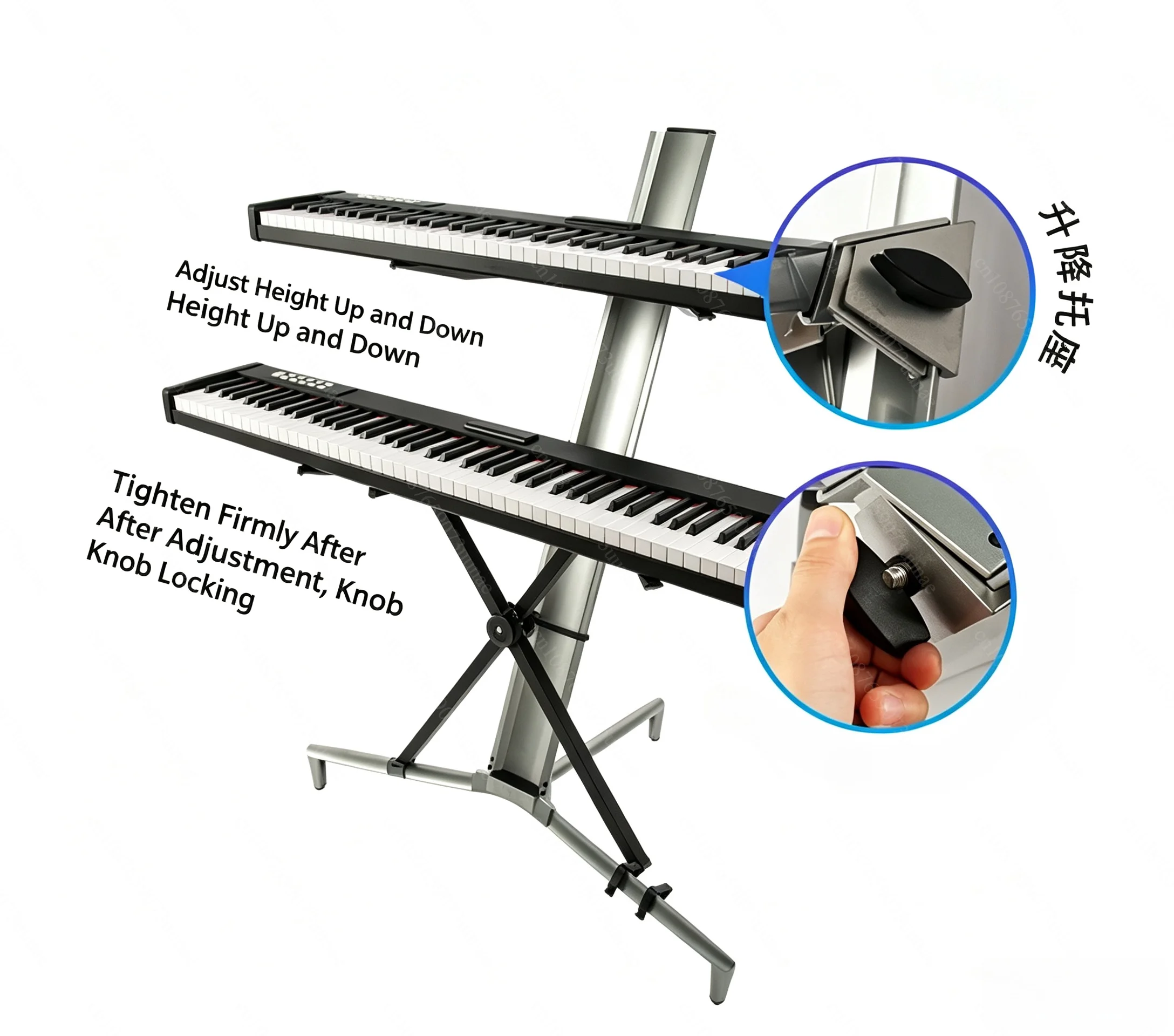 Double Tier Aircraft Style Keyboard Stand Universal Alloy Support for MIDI Controller Synthesizer 88-Key Digital Piano Holder