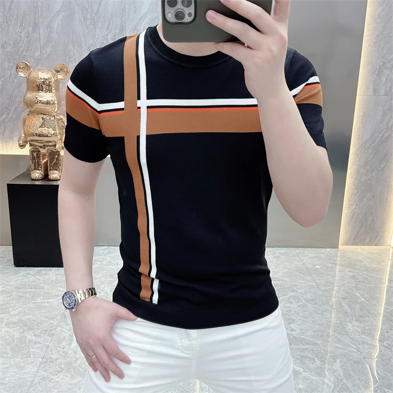 2024 Summer Stripe Knitted T-shirt Men Slim Fit Short Sleeve T-shirt Versatile Round Neck Ice Silk Casual Business Tee M-4XL