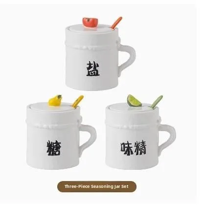 Ceramic Kitchen Storage Jar with Spoon for Salt Seasoning Sugar Home Use Chili Cover Hexagonal Shape  Ceramic Jar