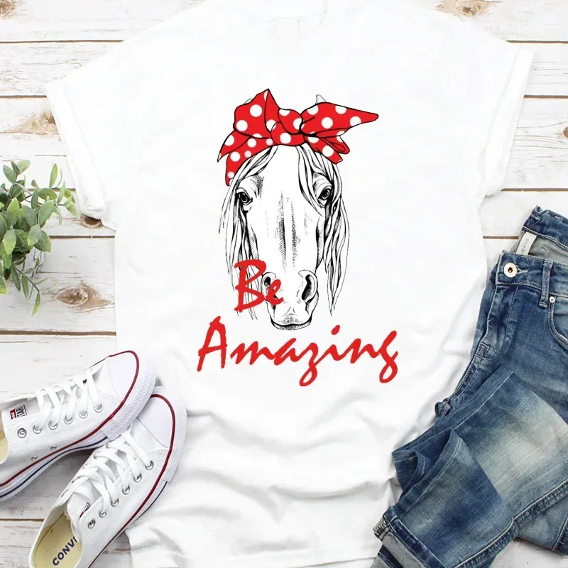 Summer Fashion Women's Short-Sleeved round Neck T-Shirt Flower Horse Stripe Scarf Print Casual Graphic Aesthetic T-Shirts tops
