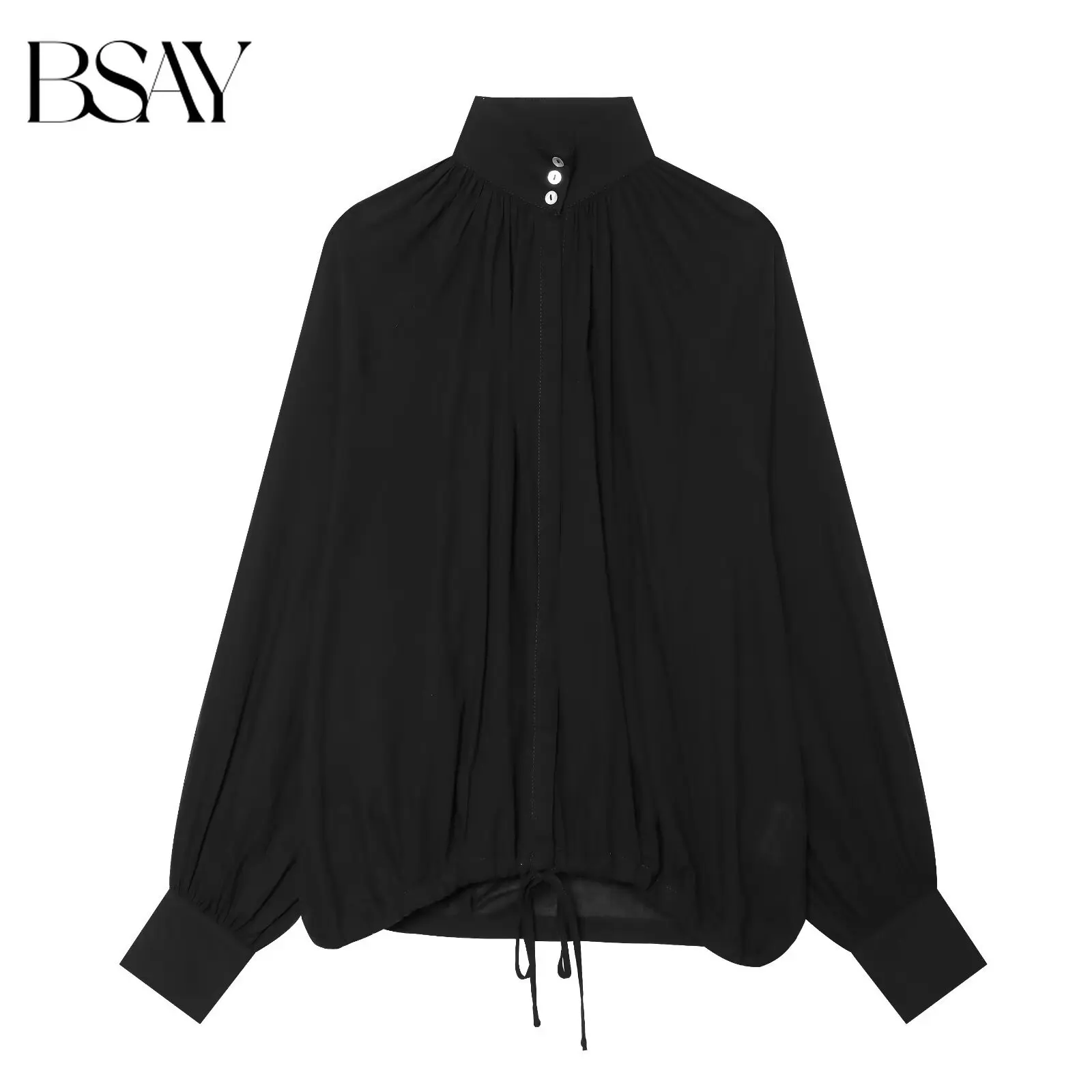 BSAY 2026 Summer Women's Elegant Solid Color High Neck Long Sleeve Gathered Blouse Drawstring Hem Loose Fit Casual Black Shirt