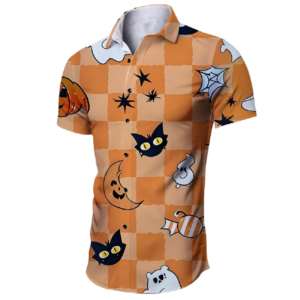 

Men's casual fashion Christmas print short-sleeved lapel shirt, personalized pumpkin print cardigan men, men's summer tops